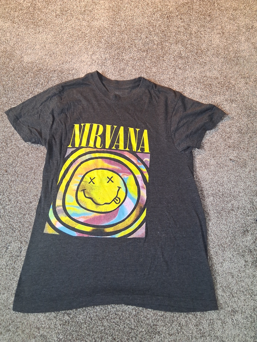 NIRVANA Charcoal Tee with Yellow & Multicolor Smiley